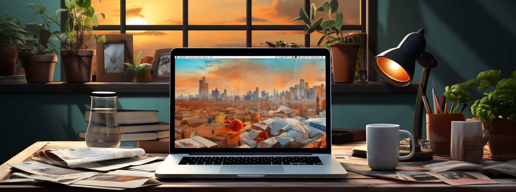 Ein Laptop auf einem unordentlichen Schreibtisch zeigt eine Stadtlandschaft bei Sonnenuntergang. Auf dem Schreibtisch stehen eine Lampe, Bücher, ein Glas Wasser und eine Tasse. Das Fenster dahinter zeigt den Sonnenuntergang, während Pflanzen den Raum schmücken.